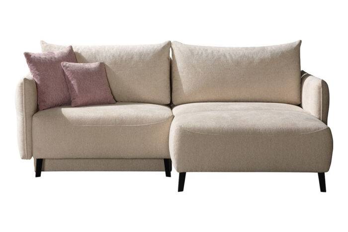 Cremefarbiges Schlafsofa mit losen Kissen und kleinem Longchair